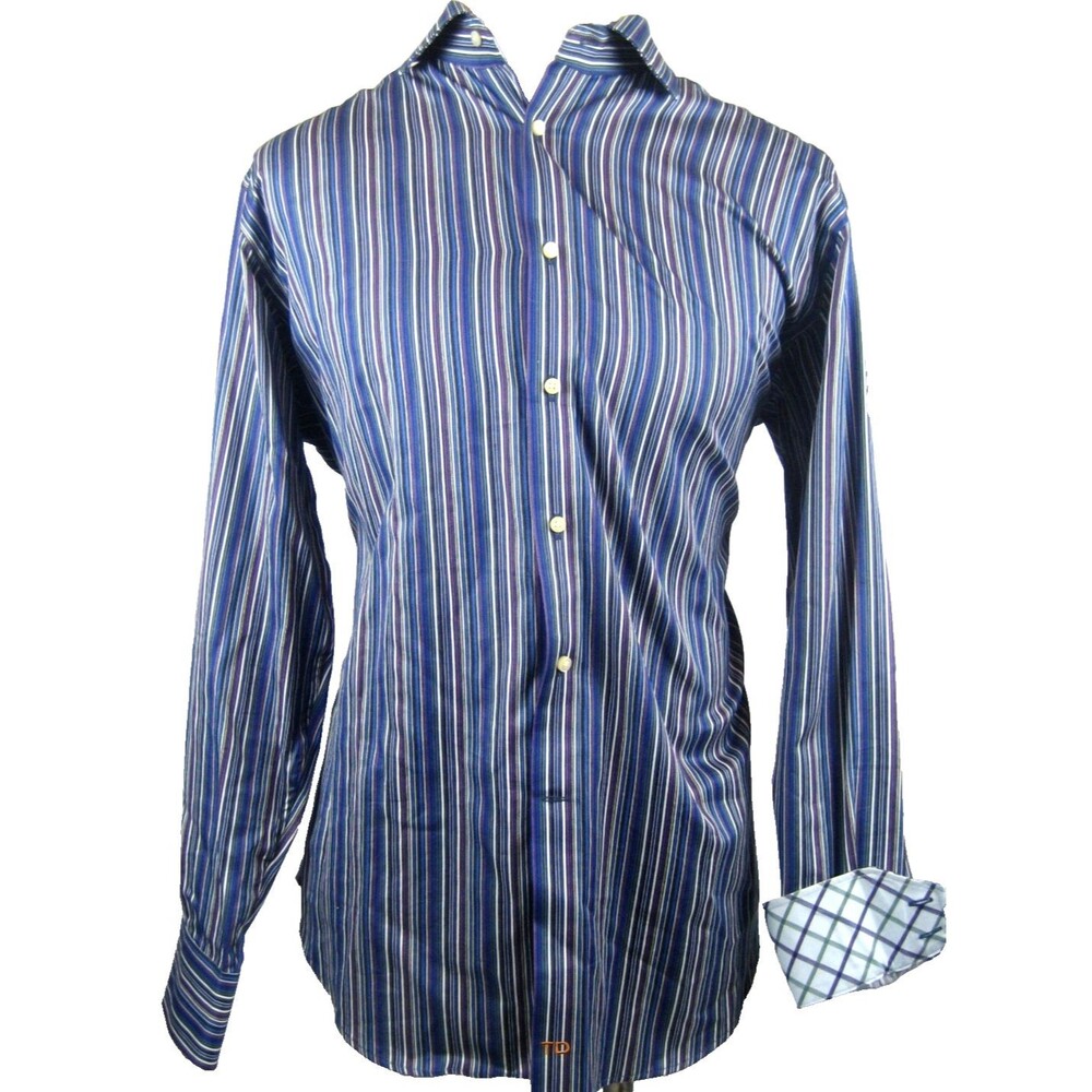 Men's Thomas Dean Long Sleeve Varicolored Striped Cotton Dress Shirt size LG